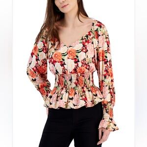 INC International Concepts Emma Floral Smocked Blouse Longe Sleeve Peplum Sz XXL